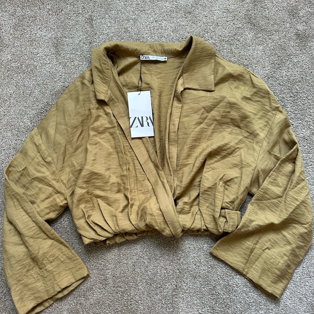 Zara NWT Olive Green Crop Long Sleeve Top - Picture 2 of 5